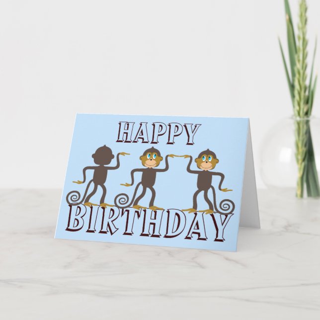 Happy dancing monkeys blue birthday card (Front)