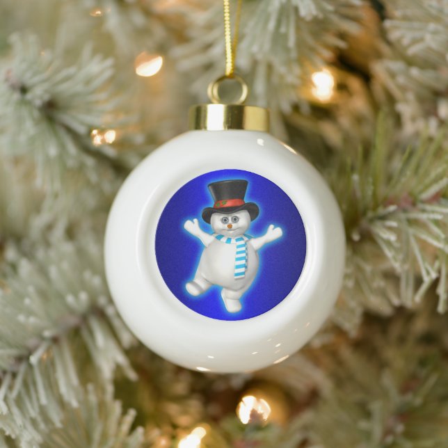 Happy Dancing Snowman on Blue Ceramic Ball Christmas Ornament (Tree)
