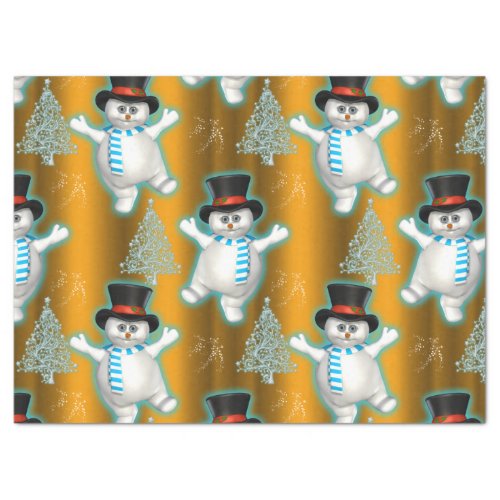 Happy Dancing Snowmen Golden Christmas Tissue Paper