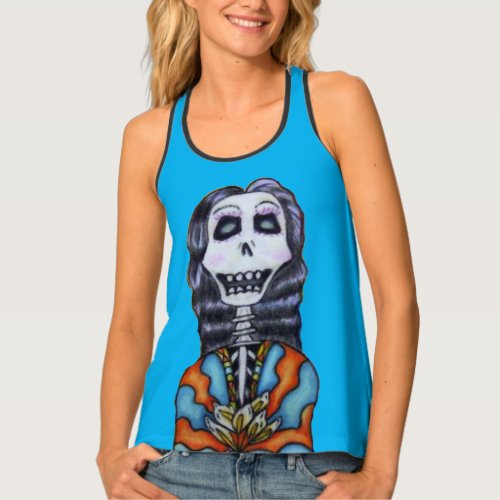 Happy Day of Dead Lady Skeleton Cape White Flowers Tank Top