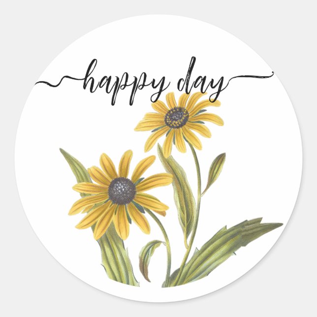 Happy Day Yellow Daisy Motivational Friend Teacher Classic Round Sticker (Front)