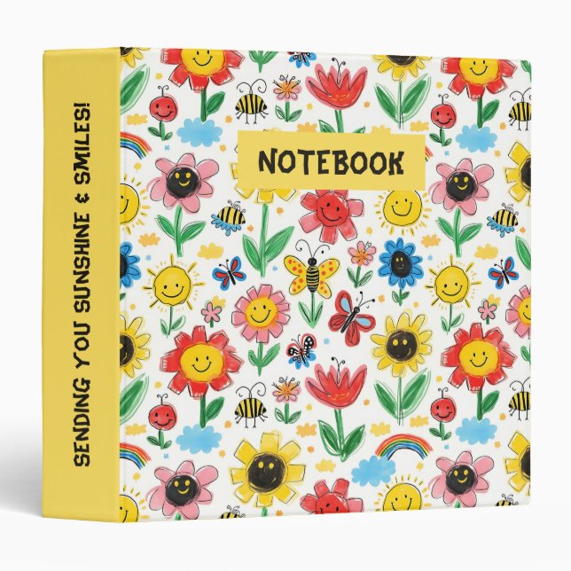 Happy Days - Cheerful Flower and Friends Pattern 3 Ring Binder (Front/Spine)