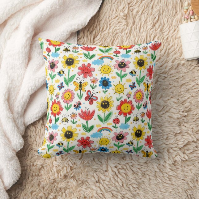 Happy Days - Cheerful Flower and Friends Pattern Throw Pillow (Blanket)