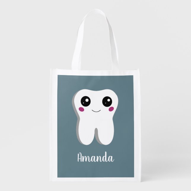 Happy Dental Tooth Smiling Cute Drawing Grocery Bag (Front)