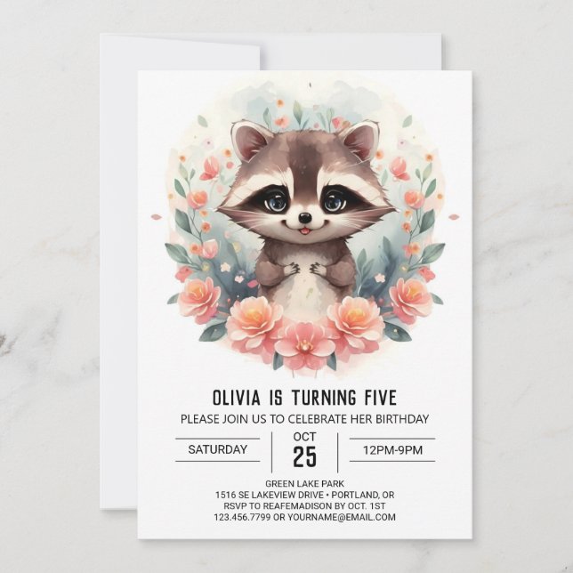 Happy Digital Raccoon Girl Birthday Invitation (Front)
