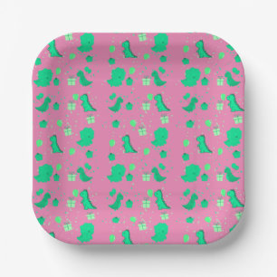 Happy Dinomight Birthday green pink Paper Plates