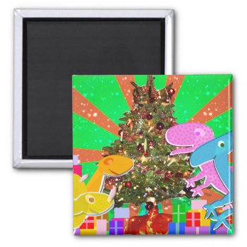 Happy Dinos By The Christmas Tree Fridge Magnets by dinoshop at Zazzle