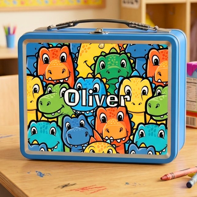 Happy Dinosaur Faces Crowded Pattern Metal Lunch Box (Creator Uploaded)