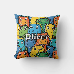 Happy Dinosaur Faces Crowded Pattern Throw Pillow