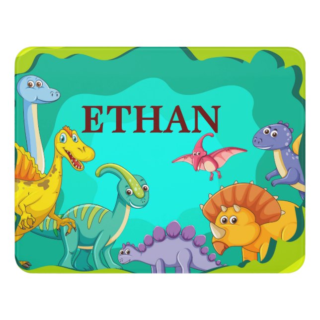 Happy Dinosaur family and name Kids door sign (Contemporary Front)