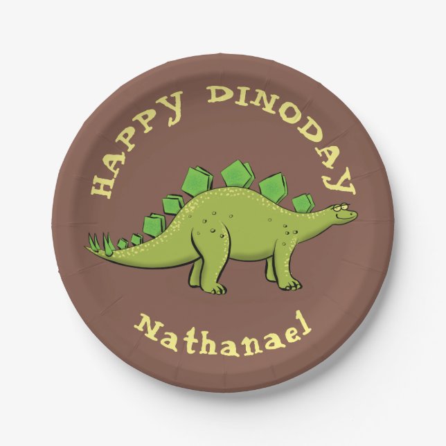 Happy dinosaur stegosaurus cartoon paper plates (Front)