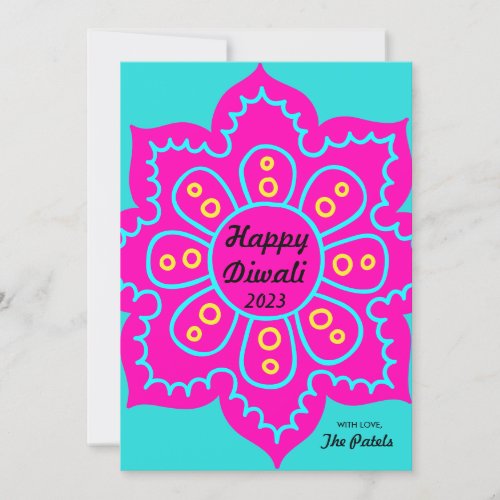 Happy Diwali 2022 Pink Turquoise Blue Rangoli Holiday Card