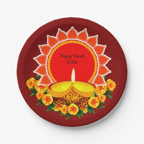 Happy Diwali 20xx Add Year or Text  Marigolds 7 Paper Plates