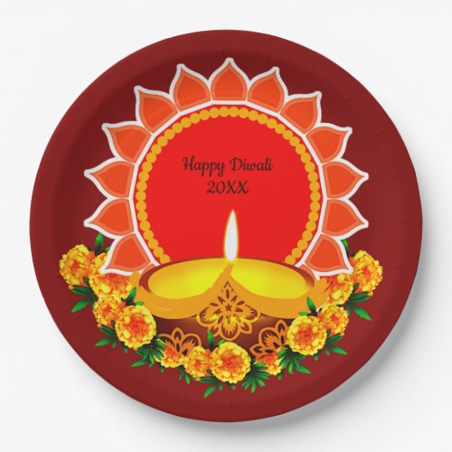 Happy Diwali 20xx Add Year or Text  Marigolds 9 P Paper Plates