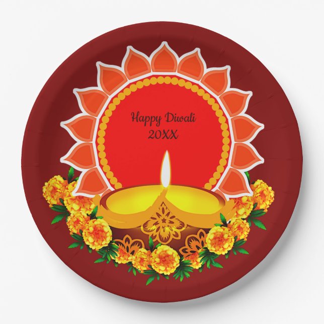 Happy Diwali 20xx Add Year or Text  Marigolds 9" P Paper Plates (Front)