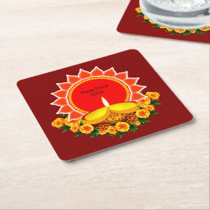 Happy Diwali 20xx Add Year or Text Marigolds Square Paper Coaster