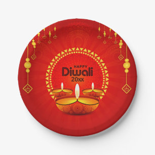 Happy Diwali 20xx Add Year or Text  Red Yellow 7" Paper Plates
