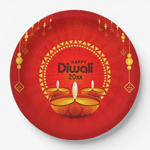 Happy Diwali 20xx Add Year or Text  Red Yellow 9 Paper Plates