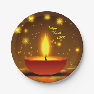 Happy Diwali 20xx Diya Yellow Flame Sparkles 7" Paper Plates