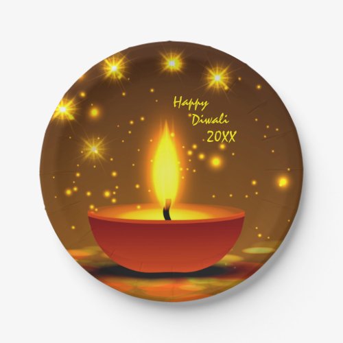 Happy Diwali 20xx Diya Yellow Flame Sparkles 7 Paper Plates