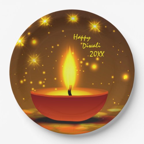 Happy Diwali 20xx Diya Yellow Flame Sparkles 9 Paper Plates