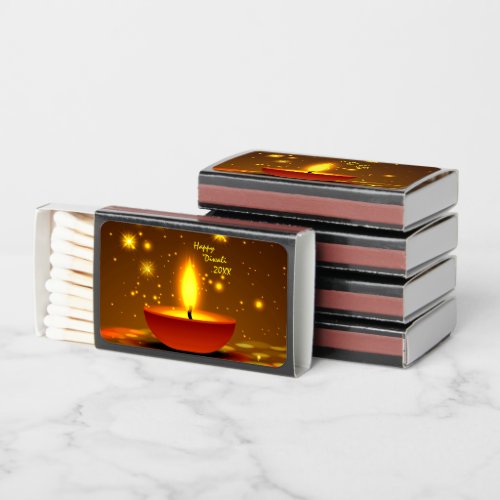 Happy Diwali 20xx Diya Yellow Flame Sparkles Matchboxes