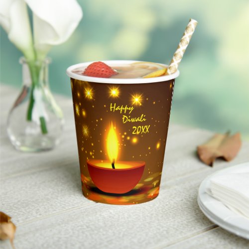 Happy Diwali 20xx Diya Yellow Flame Sparkles Paper Cups