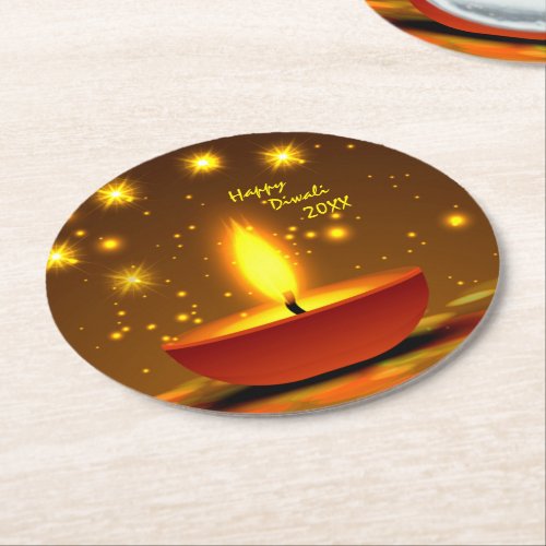 Happy Diwali 20xx Diya Yellow Flame Sparkles  Round Paper Coaster