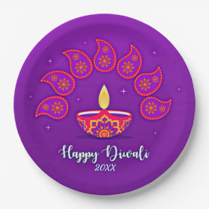 Happy Diwali Add Year 20xx Purple Yellow Red 9" Paper Plates