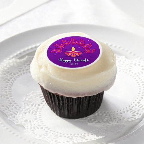 Happy Diwali Add Year 20xx Purple Yellow Red   Edible Frosting Rounds