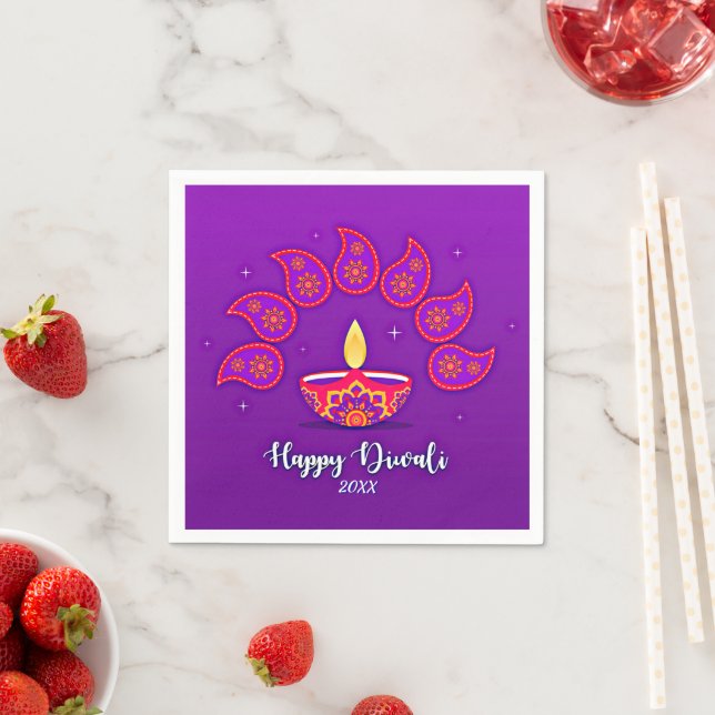 Happy Diwali Add Year 20xx Purple Yellow Red Napkins (Insitu)
