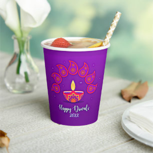 Happy Diwali Add Year 20xx Purple Yellow Red Paper Cups