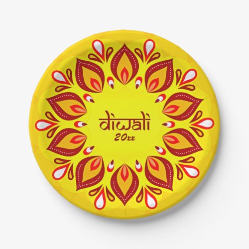 Happy Diwali Add Year Yellow Red 7 Paper Plates