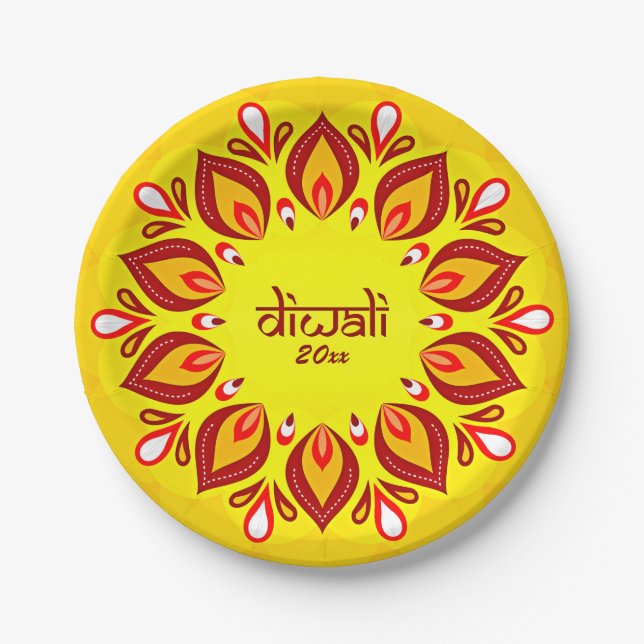 Happy Diwali Add Year Yellow Red 7" Paper Plates (Front)