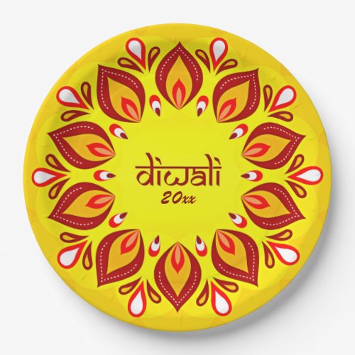 Happy Diwali Add Year Yellow Red 9 Paper Plate