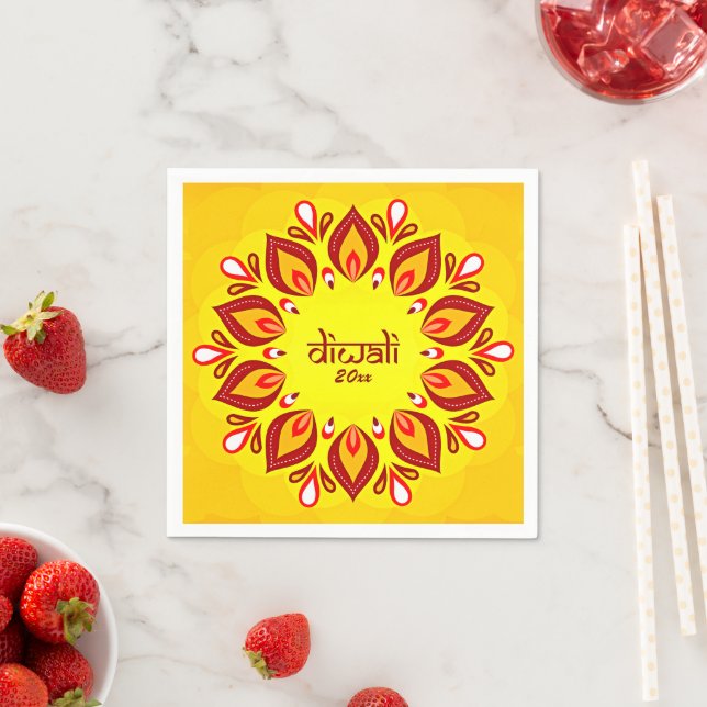 Happy Diwali Add Year Yellow Red  Napkins (Insitu)