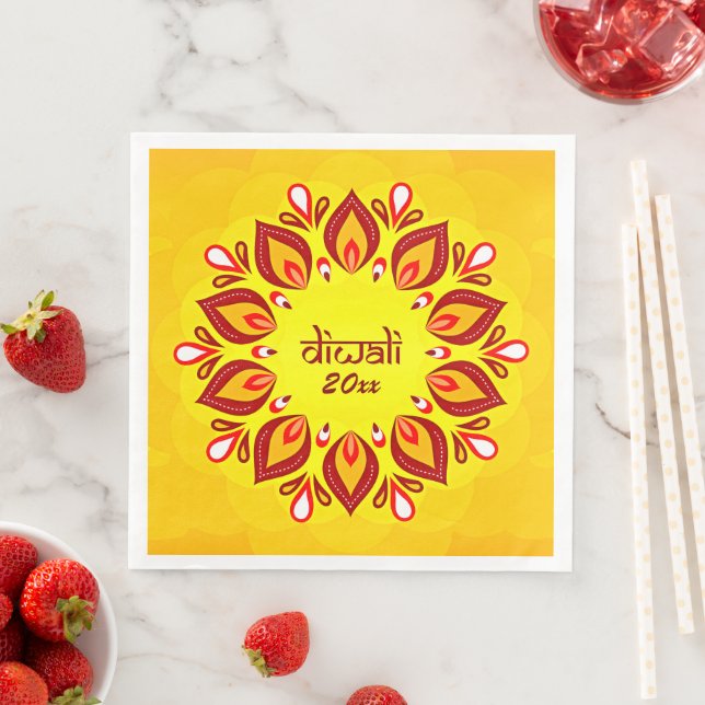 Happy Diwali Add Year Yellow Red Paper Dinner Napkins (Insitu)