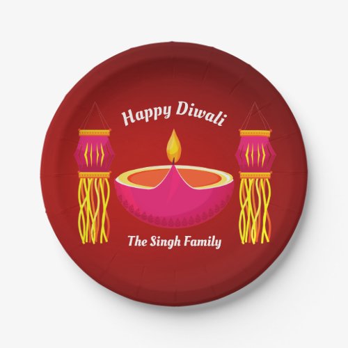 Happy Diwali Beautiful Diya Lantern Red Party Paper Plates