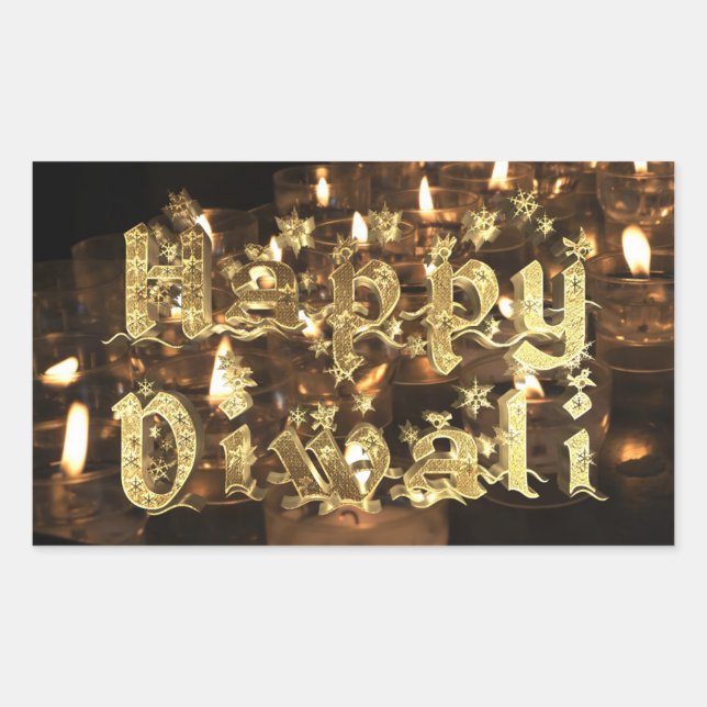 Happy Diwali Black and Gold Candlelight Stars Rectangular Sticker (Front)