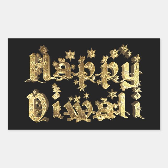 Happy Diwali Black and Gold Elegant Stars Text Rectangular Sticker (Front)