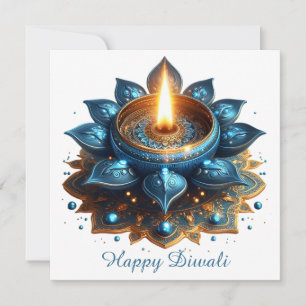 Happy Diwali Blue Gold Diya Festival of Light Holiday Card