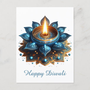 Happy Diwali Blue Gold Diya Festival of Light Holiday Postcard