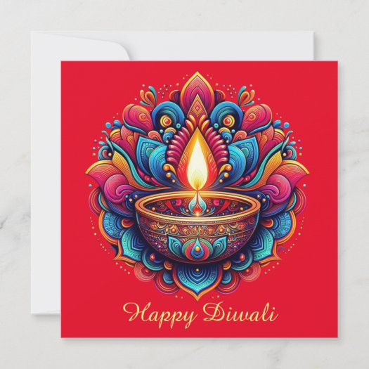 Happy Diwali Colorful Diya Festival of Light Red  