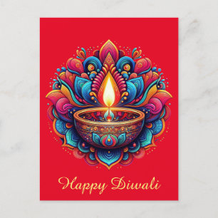 Happy Diwali Colorful Diya Festival of Light Red Holiday Postcard