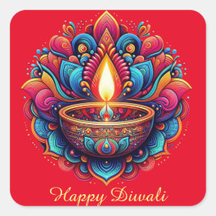 Happy Diwali Colorful Diya Festival of Light Red   Square Sticker