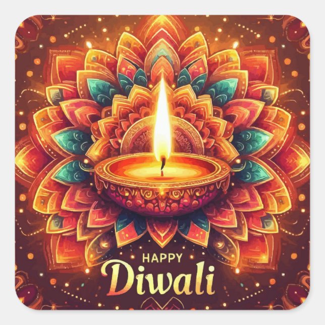 Happy Diwali Colorful Mandala Festival of Light Square Sticker (Front)