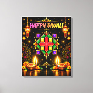 Happy Diwali Colorful Rangoli and Traditional Diya Canvas Print