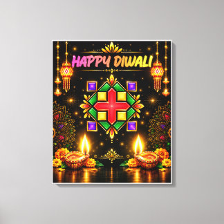 Happy Diwali Colorful Rangoli and Traditional Diya Canvas Print