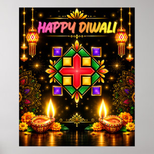 Happy Diwali Colorful Rangoli and Traditional Diya Poster