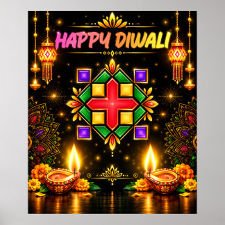 Happy Diwali Colorful Rangoli and Traditional Diya Poster